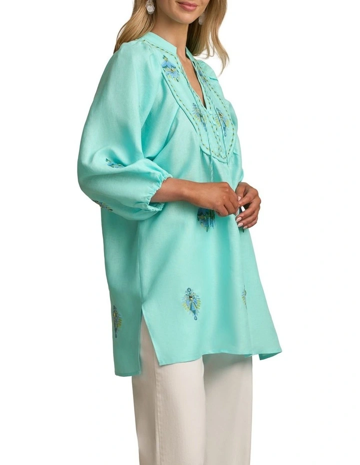Trim Detail Linen Kaftan in Bright Teal image 3