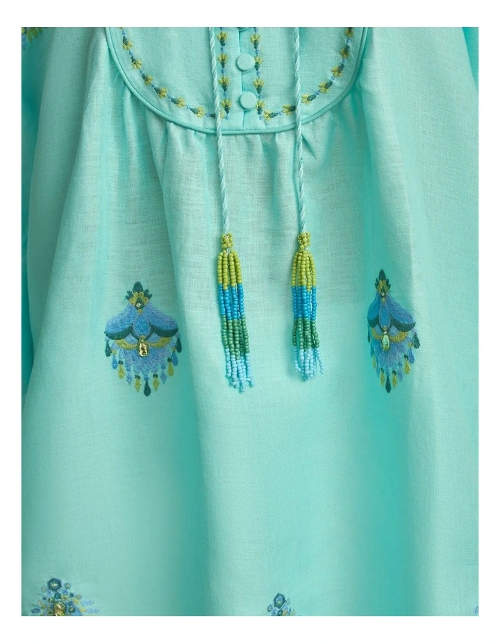 Trim Detail Linen Kaftan in Bright Teal image 4