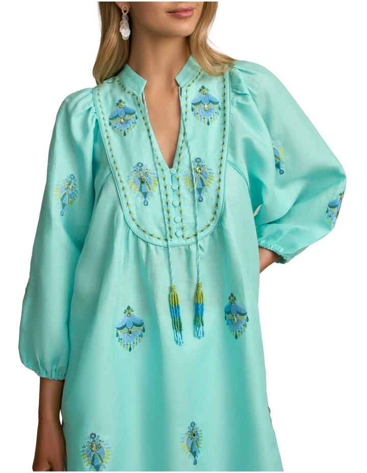 Trim Detail Linen Kaftan in Bright Teal image 5