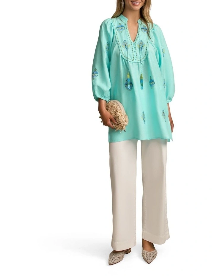 Trim Detail Linen Kaftan in Bright Teal image 6