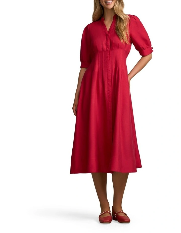 Pintuck Linen Dress in Brick Red image 1