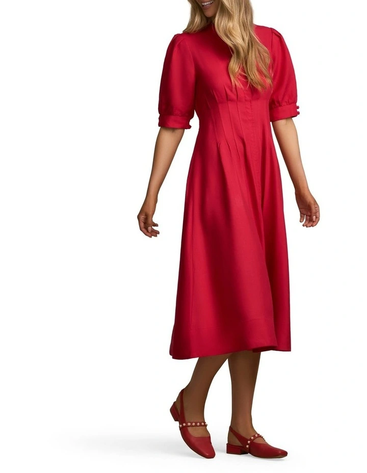 Pintuck Linen Dress in Brick Red image 3
