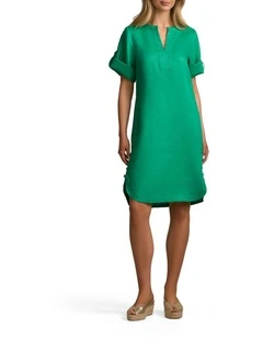 Buttoned Linen Shift Dress in Emerald Green