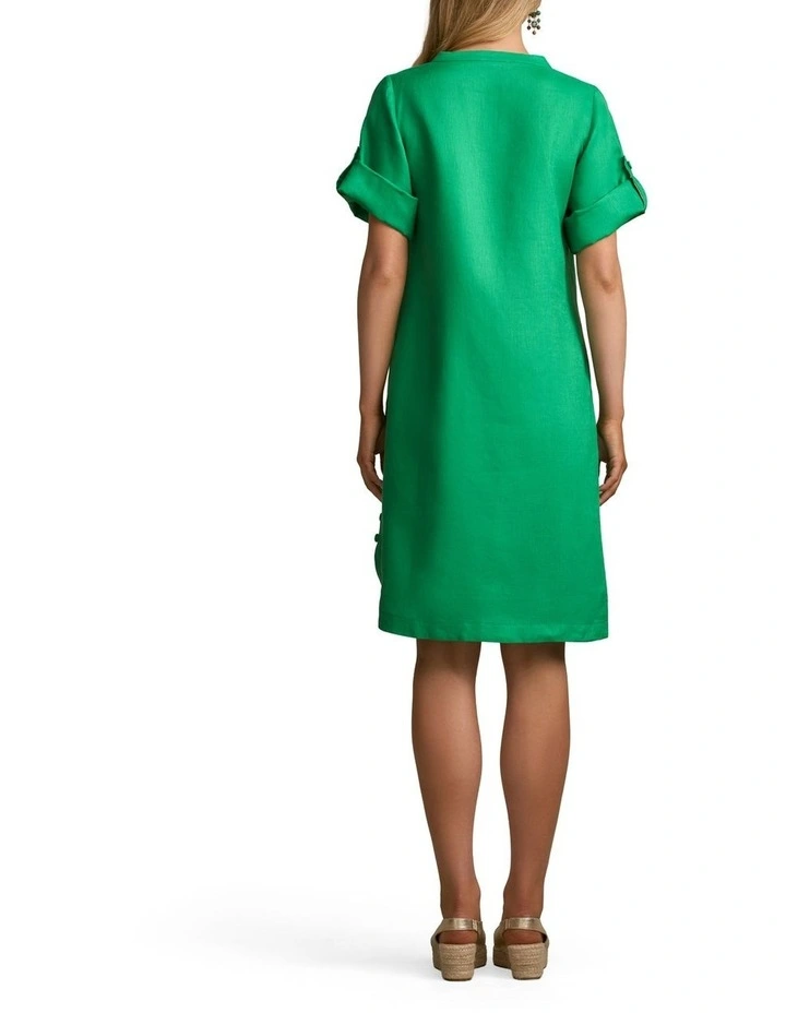 Buttoned Linen Shift Dress in Emerald Green image 2