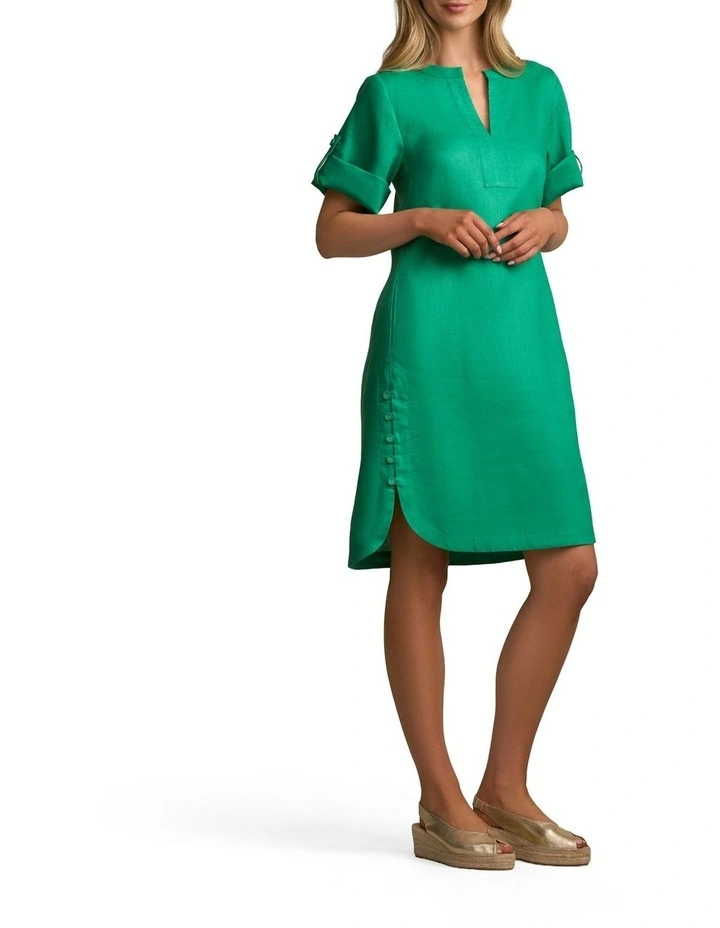 Buttoned Linen Shift Dress in Emerald Green image 3
