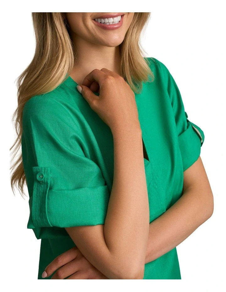 Buttoned Linen Shift Dress in Emerald Green image 4