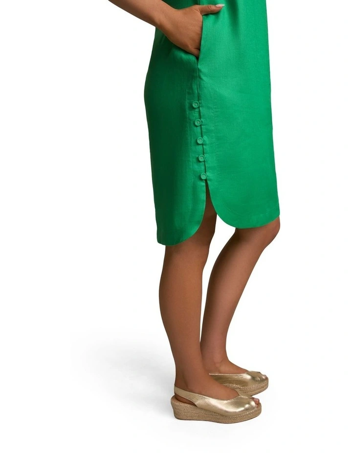 Buttoned Linen Shift Dress in Emerald Green image 5