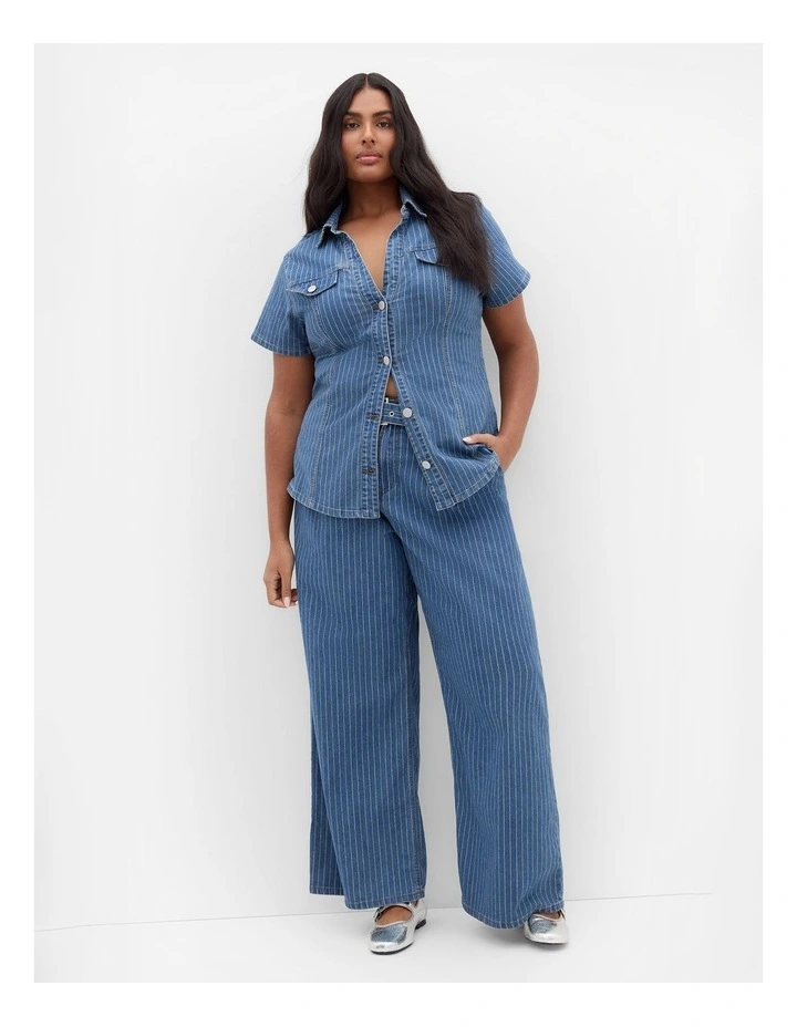 Plus Size Harley Fit Pinstripe Wide Leg Short Jean in Blue wash image 1