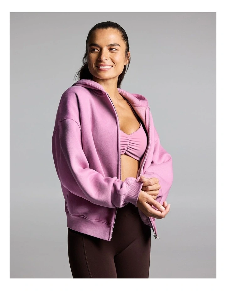 Cosy Fleece Zip Through Hoodie Dusty Pink image 3