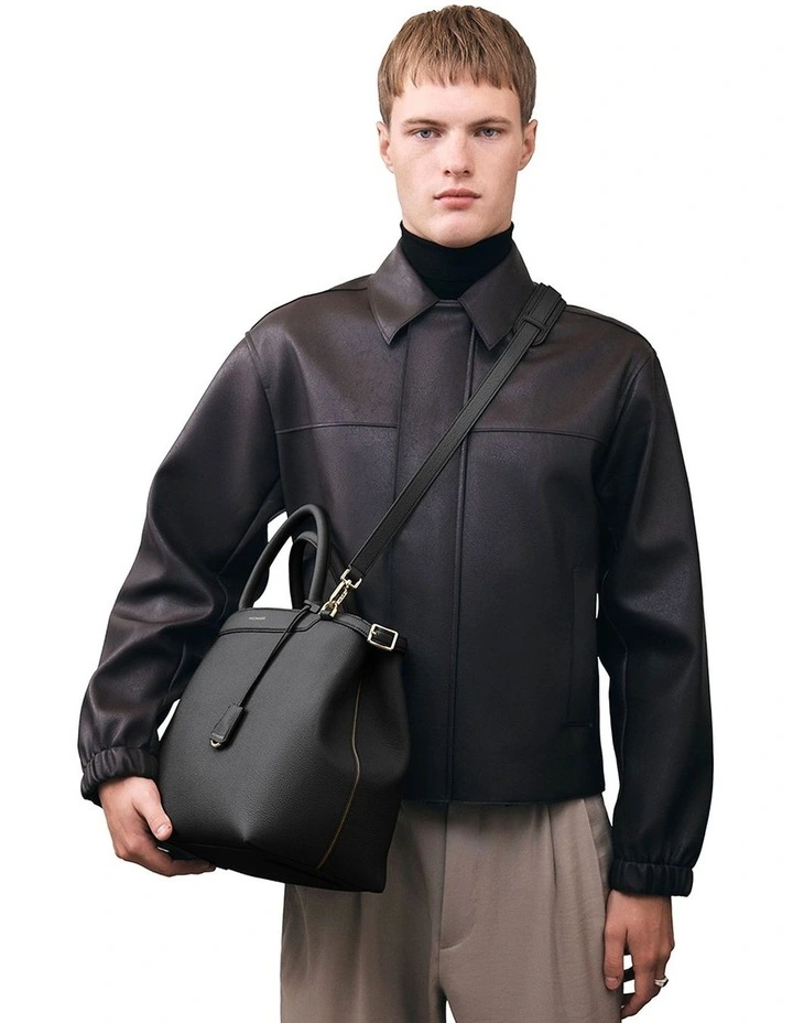 The Large Palais Leather Top Handle Bag in Black Caviar image 3