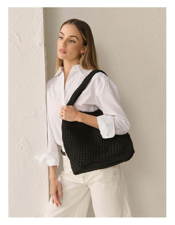 Layla Woven Shoulder Tote Bag in Black image 2