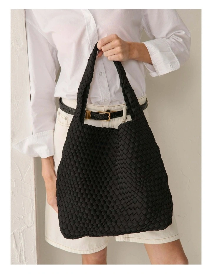 Layla Woven Shoulder Tote Bag in Black image 4