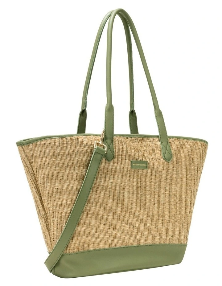 LARGE STRAW TOTE IN NATURAL STRAW WITH OLIVE TRIM image 2
