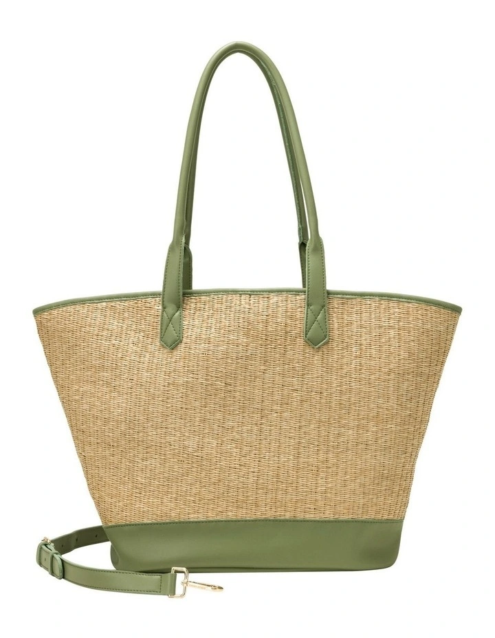 LARGE STRAW TOTE IN NATURAL STRAW WITH OLIVE TRIM image 3