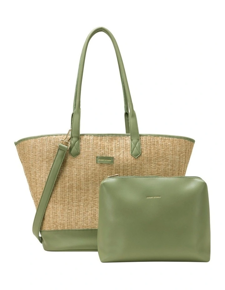 LARGE STRAW TOTE IN NATURAL STRAW WITH OLIVE TRIM image 6