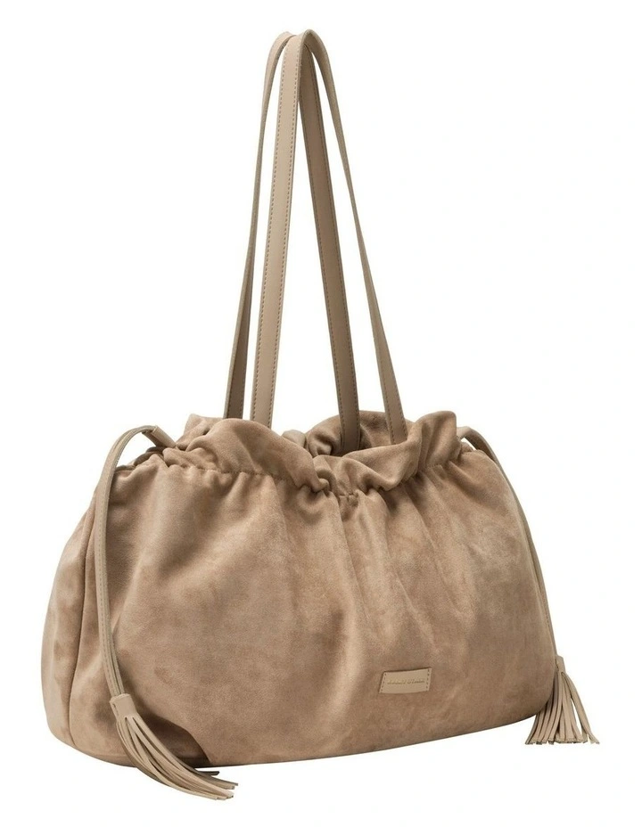 DRAWSTRING TASSLE SHOULDER BAG IN SAND FAUX SUEDE image 2