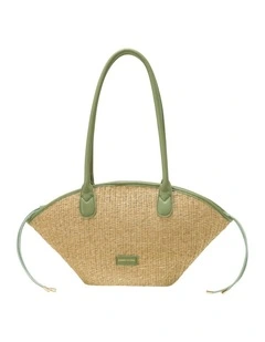 STRAW CURVE TOP SHOULDER BAG IN NATURAL STRAW WITH OLIVE TRIM