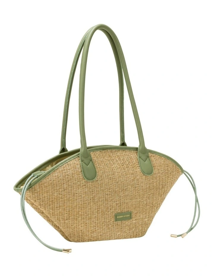 STRAW CURVE TOP SHOULDER BAG IN NATURAL STRAW WITH OLIVE TRIM image 2