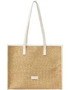 STRAW BOX TOTE BAG IN NATURAL STRAW WITH WHITE TRIM