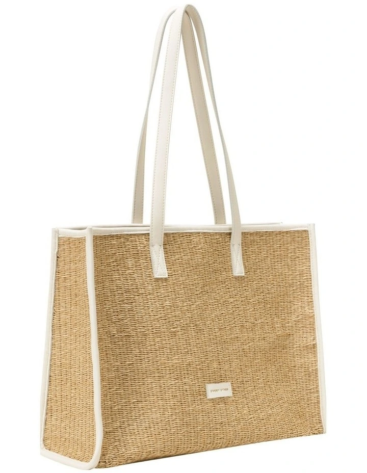 STRAW BOX TOTE BAG IN NATURAL STRAW WITH WHITE TRIM image 2