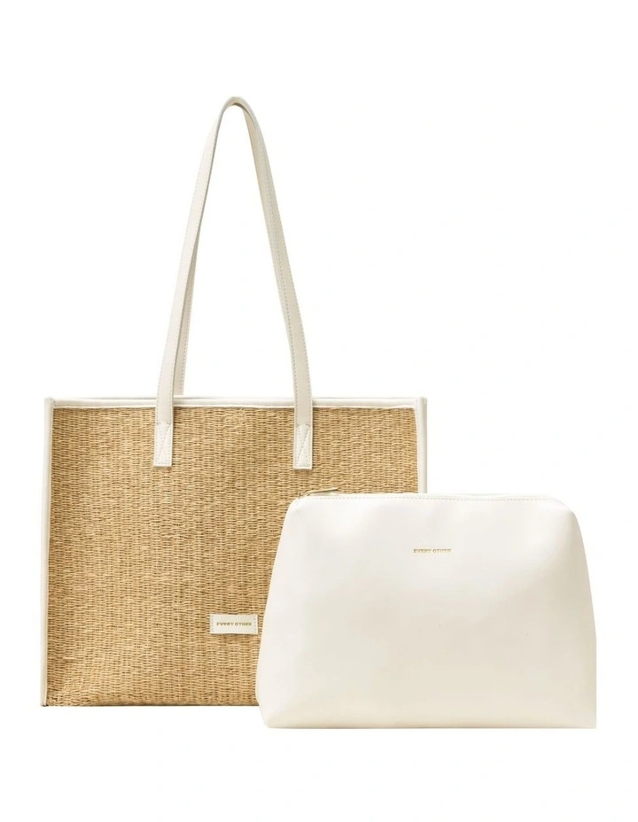 STRAW BOX TOTE BAG IN NATURAL STRAW WITH WHITE TRIM image 7