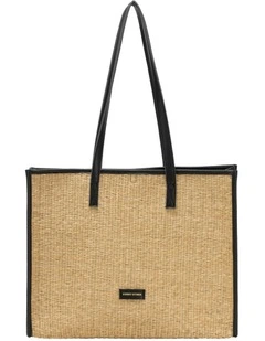 STRAW BOX TOTE BAG IN NATURAL STRAW WITH BLACK TRIM