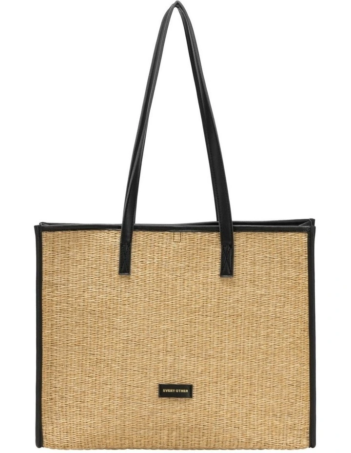 STRAW BOX TOTE BAG IN NATURAL STRAW WITH BLACK TRIM image 1