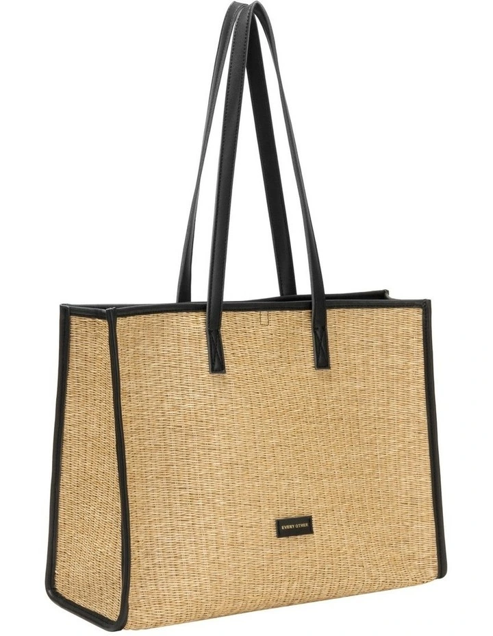 STRAW BOX TOTE BAG IN NATURAL STRAW WITH BLACK TRIM image 2