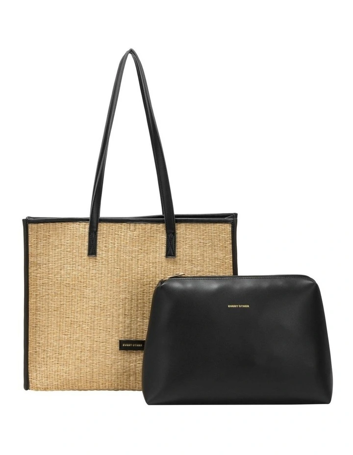 STRAW BOX TOTE BAG IN NATURAL STRAW WITH BLACK TRIM image 7