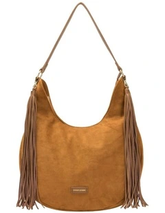 LARGE SCOOP TOP TASSLE BAG IN TAN FAUX SUEDE