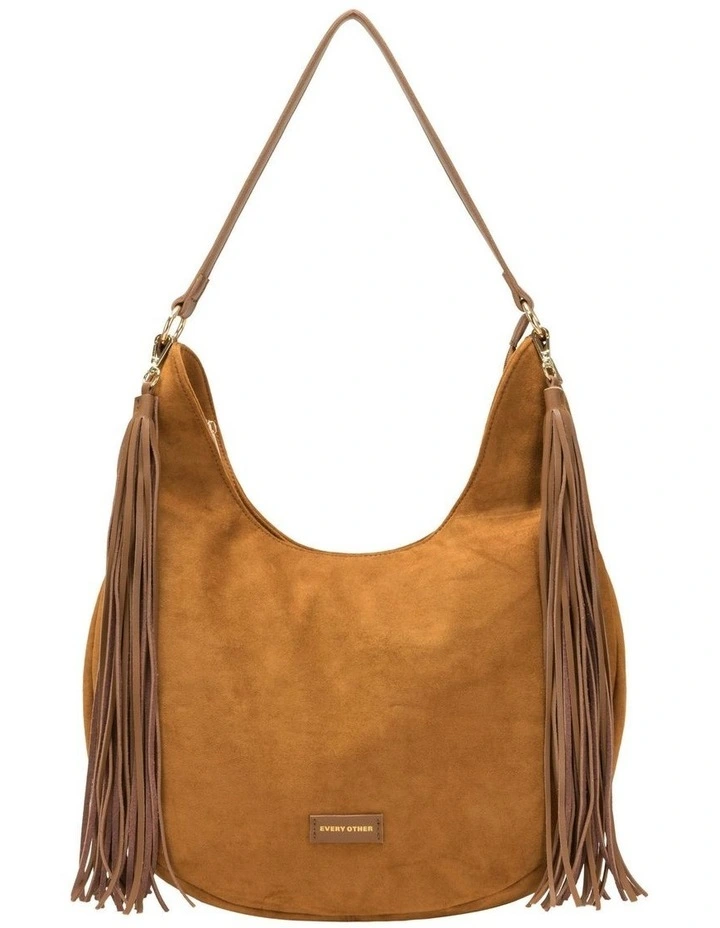 LARGE SCOOP TOP TASSLE BAG IN TAN FAUX SUEDE image 1