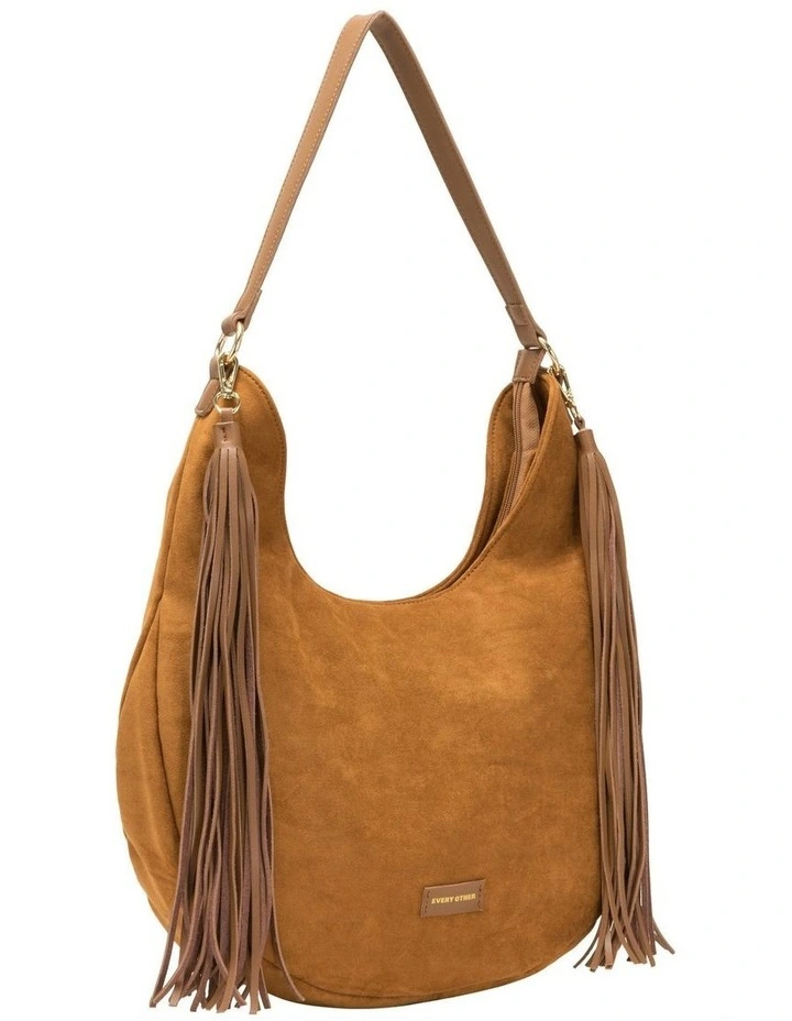 LARGE SCOOP TOP TASSLE BAG IN TAN FAUX SUEDE image 3