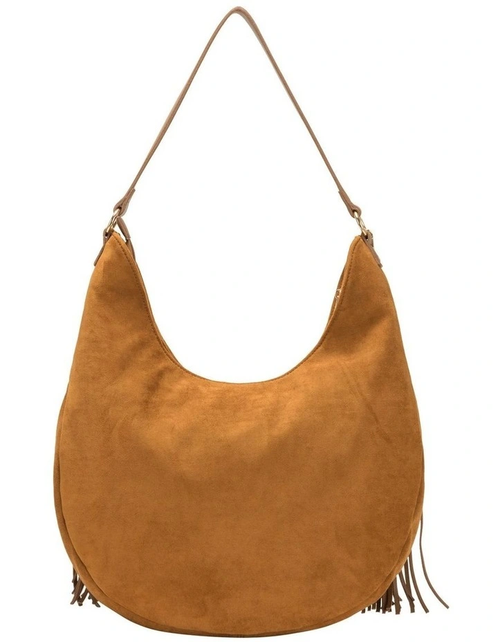 LARGE SCOOP TOP TASSLE BAG IN TAN FAUX SUEDE image 4