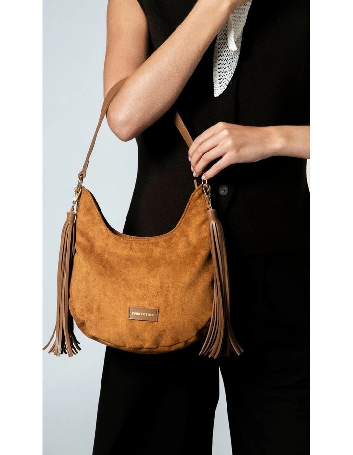 LARGE SCOOP TOP TASSLE BAG IN TAN FAUX SUEDE image 5