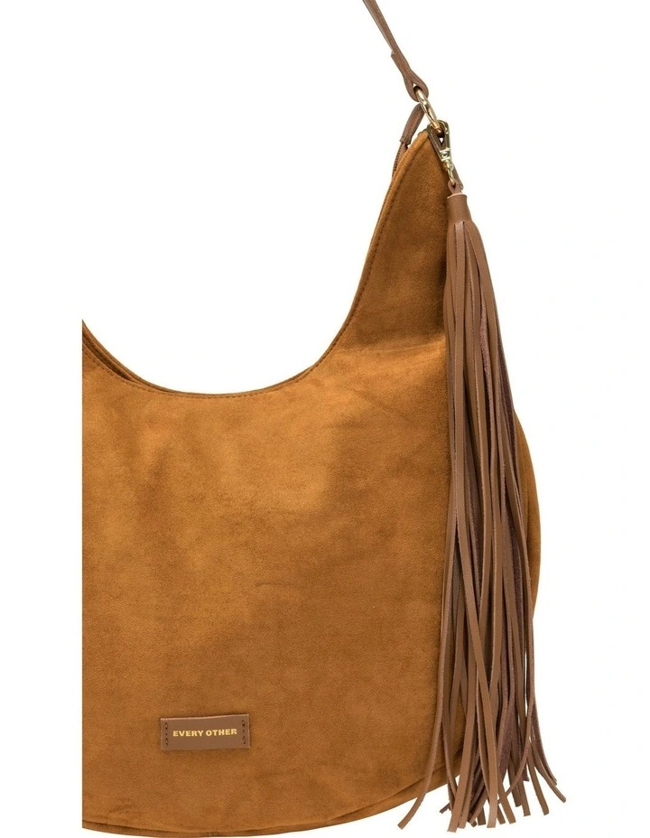 LARGE SCOOP TOP TASSLE BAG IN TAN FAUX SUEDE image 6
