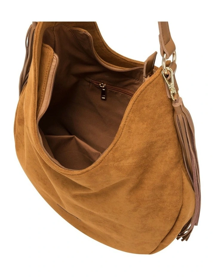 LARGE SCOOP TOP TASSLE BAG IN TAN FAUX SUEDE image 7