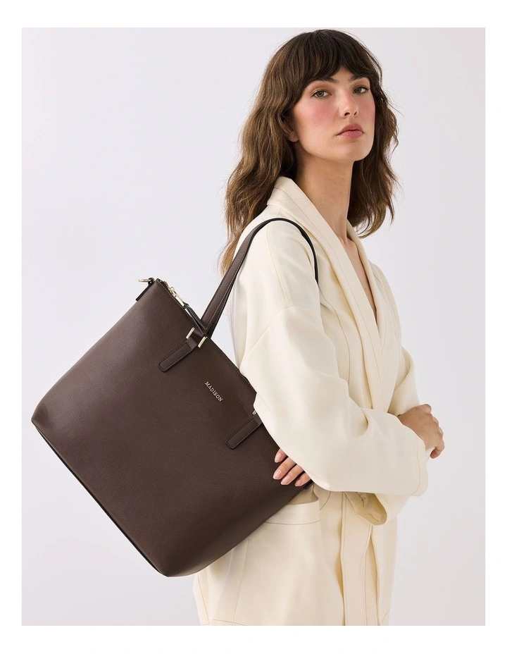 Inga Large Zip Top Tote Bag with Laptop Pocket   Monogram Bag Strap in Chocolate image 2