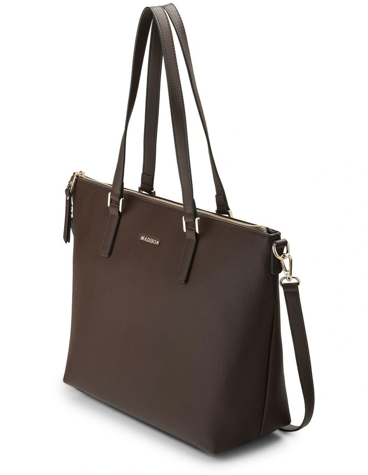 Inga Large Zip Top Tote Bag with Laptop Pocket   Monogram Bag Strap in Chocolate image 3