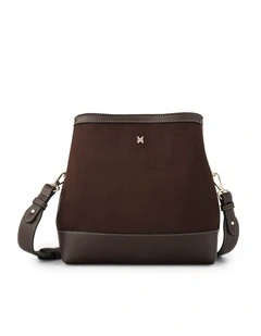 Joanie 3 Compartment Crossbody Bucket Bag in Chocolate Faux Suede