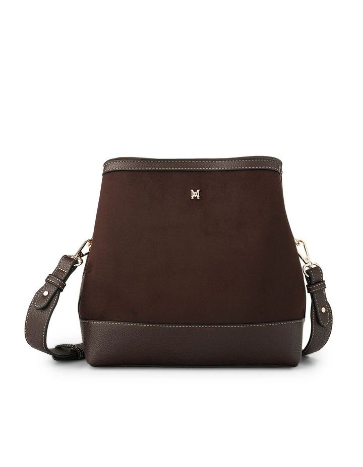 Joanie 3 Compartment Crossbody Bucket Bag in Chocolate Faux Suede image 1