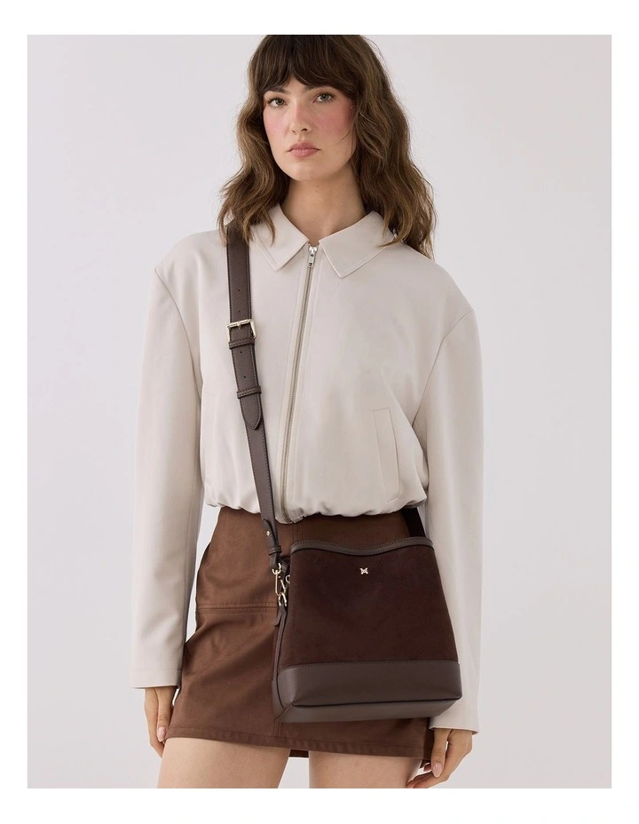 Joanie 3 Compartment Crossbody Bucket Bag in Chocolate Faux Suede image 2