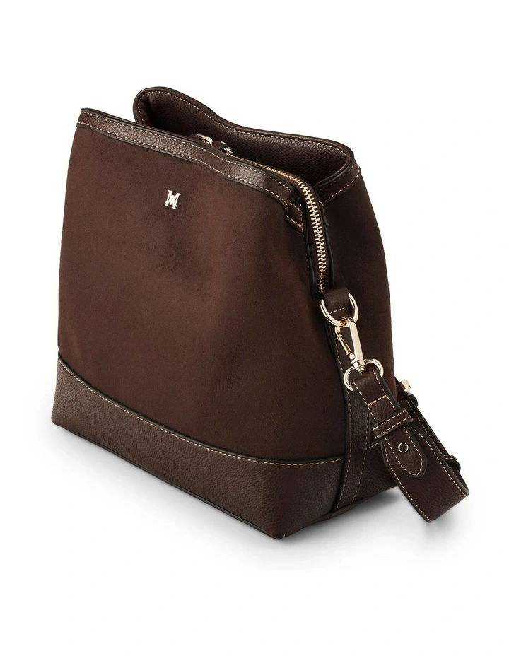 Joanie 3 Compartment Crossbody Bucket Bag in Chocolate Faux Suede image 3