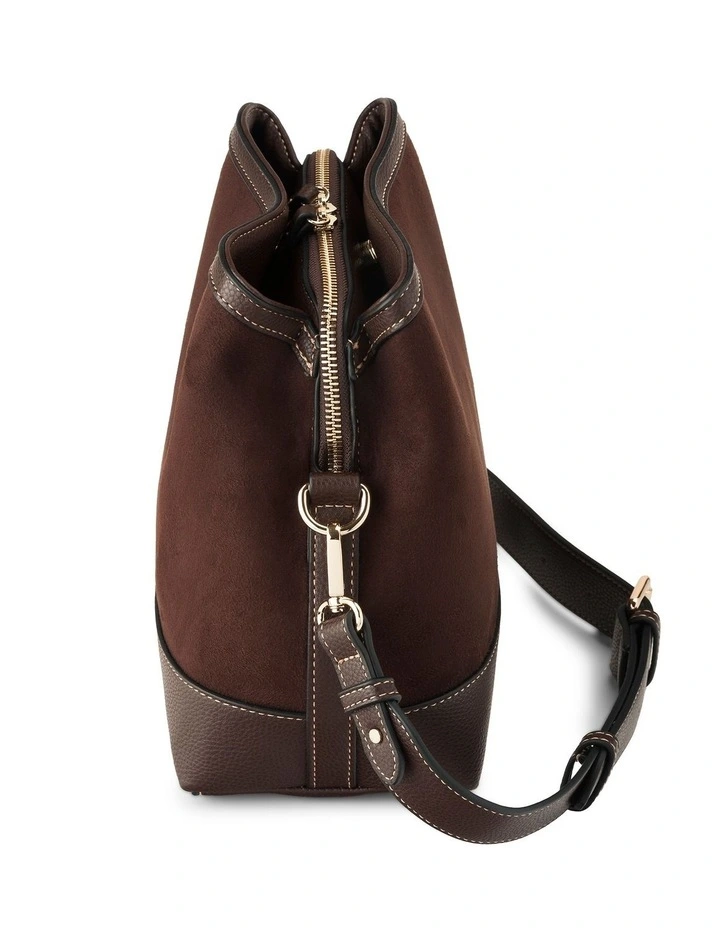 Joanie 3 Compartment Crossbody Bucket Bag in Chocolate Faux Suede image 4