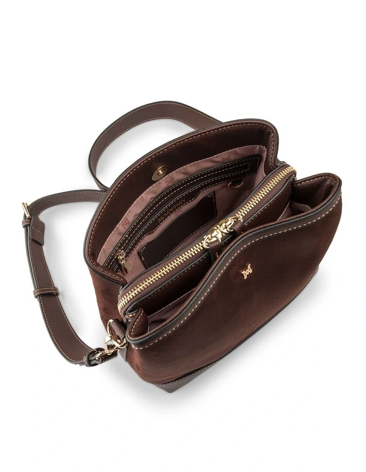 Joanie 3 Compartment Crossbody Bucket Bag in Chocolate Faux Suede image 5