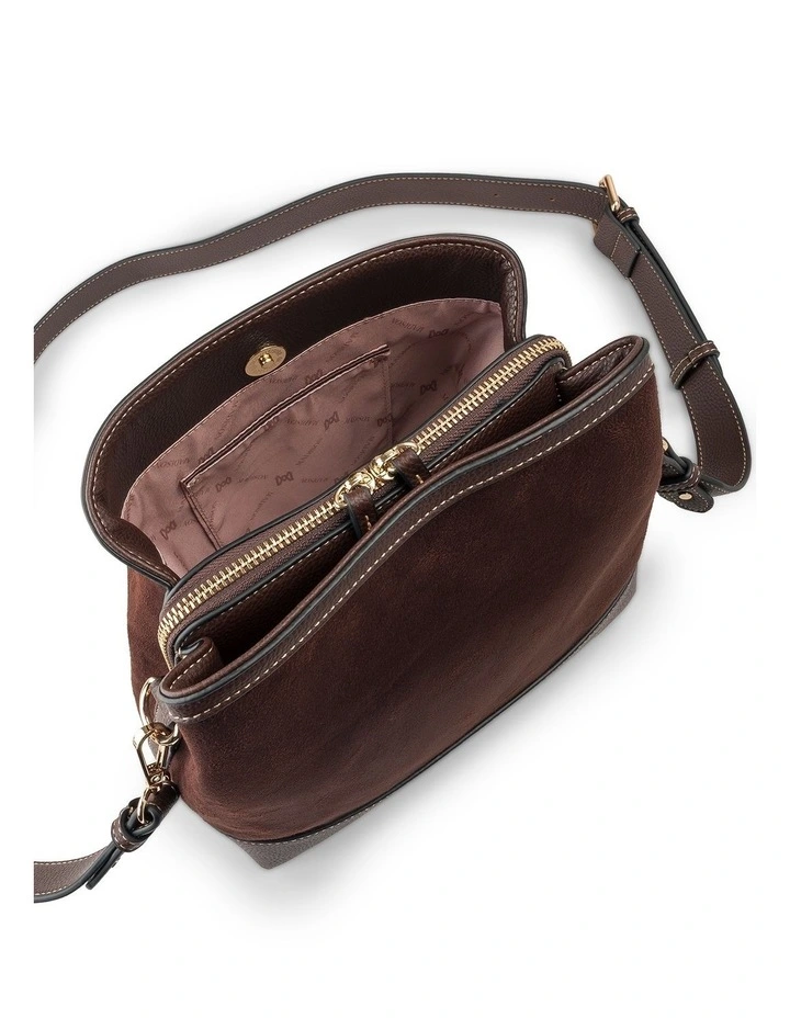 Joanie 3 Compartment Crossbody Bucket Bag in Chocolate Faux Suede image 6