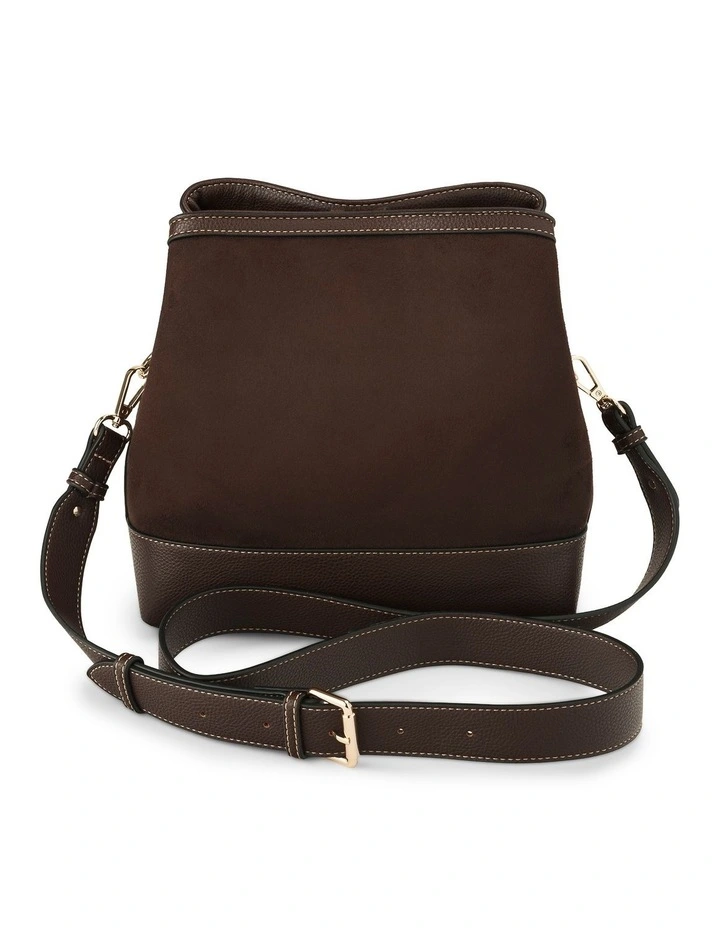 Joanie 3 Compartment Crossbody Bucket Bag in Chocolate Faux Suede image 7