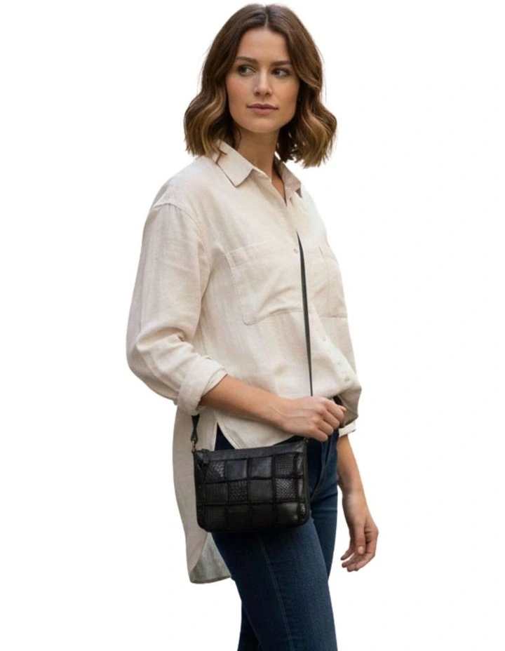 Tamworth Patchwork Detail Leather Crossbody Bag in Black image 6