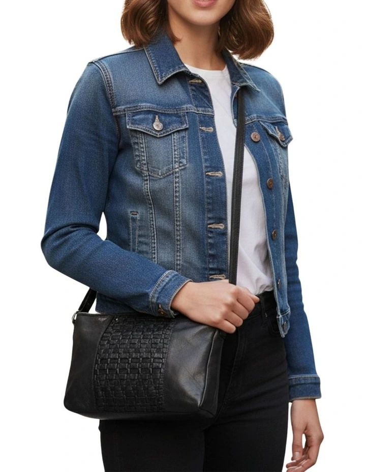 Jindabyne Woven Panelled Leather Crossbody Bag in Black image 6