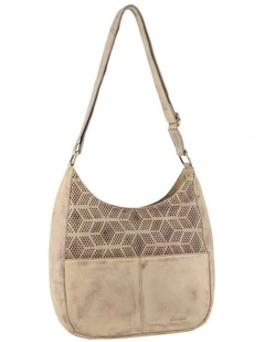 Pierre Cardin Womens Italian Leather Bag Perforated Cross Body Travel - Latte