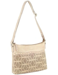 Pierre Cardin Womens Leather Perforated Cross-Body Bag with stud Detailing - Latte